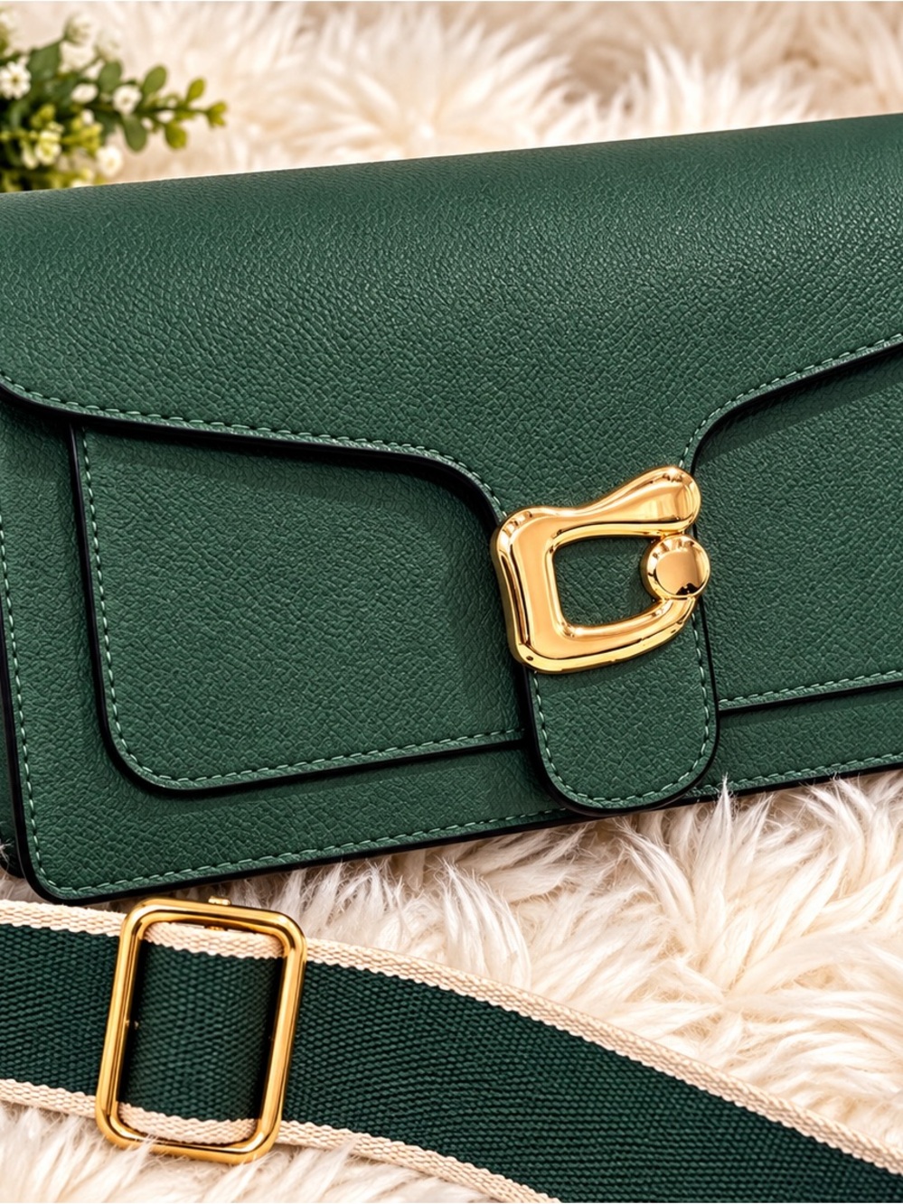 Forest Green Leather Crossbody with Gold Buckle